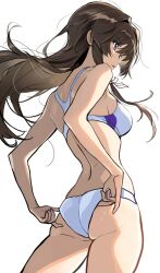 1girl adjusting_clothes adjusting_swimsuit ass back bikini brown_hair floating_hair from_behind kisaragi_shokuin long_hair muv-luv muv-luv_alternative muv-luv_total_eclipse profile purple_eyes simple_background solo swimsuit takamura_yui white_background white_bikini