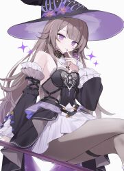 1girl absurdres ascot black_dress black_hat detached_sleeves dress finger_to_mouth flower hair_ornament hairclip hat hat_flower herta_(honkai:_star_rail) highres honkai:_star_rail honkai_(series) jewelry key key_necklace kohaku_sogo necklace official_alternate_design open_mouth purple_eyes purple_flower purple_hat purple_nails purple_ribbon ribbon solo sparkle the_herta_(honkai:_star_rail) thigh_strap white_ascot witch_hat