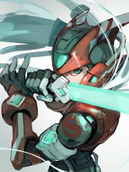 1boy android armor energy_sword forehead_jewel green_eyes grey_hair helmet highres holding holding_sword holding_weapon long_hair male_focus mega_man_(series) mega_man_zero_(series) omochi_(mochi_skymega) red_armor red_helmet solo sword weapon z_saber zero(z)_(mega_man) zero_(mega_man)