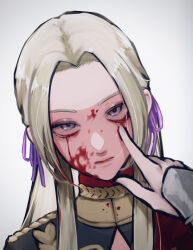 2girls blonde_hair blood blood_on_face blood_splatter female_byleth_(fire_emblem) closed_mouth commentary_request edelgard_von_hresvelg female_pov fire_emblem fire_emblem:_three_houses friends garreg_mach_monastery_uniform gradient_background grey_background hair_ribbon hand_on_another&#039;s_face head_tilt highres index_finger_raised long_hair looking_at_viewer multiple_girls nintendo parted_bangs pink_lips pov pov_hands purple_eyes purple_ribbon ribbon shade ten_(mos6_y) upper_body