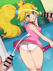 1girl 2boys aqua_eyes ass bar_censor blonde_hair censored chiwino commission crown cum dress earrings ejaculation from_behind highres jewelry large_variant_set male_masturbation mario_(series) mario_tennis masturbation multiple_boys nintendo panties parted_lips penis pink_dress pixiv_commission ponytail princess_peach racket short_dress sphere_earrings tennis_racket underwear variant_set white_panties