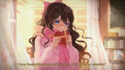Rule 34 | 1girl, blue eyes, bookshelf, bow, box, brown hair, chalkboard, closed mouth, english text, graciouslykait, heart, heart-shaped pupils, heart in eye, highres, holding, holding box, indie virtual youtuber, konyanart, long hair, long sleeves, pink bow, pink scarf, pink sweater, scarf, solo, sweater, symbol-shaped pupils, symbol in eye, upper body, virtual youtuber