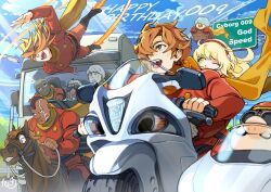absurdres albert_heinrich blonde_hair brown_hair chang_changku coat cyborg cyborg_009 francoise_arnoul geronimo_jr great_britain_(cyborg_009) green_eyes hairband happy_birthday highres isaac_gilmore ivan_whisky jet_link pyunma red_coat red_hairband scarf shimamura_joe tanaotanako yellow_scarf