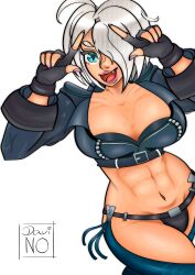 1girl abs absurdres angel_(kof) blue_eyes breasts davinotheartist female_focus gloves highres jacket large_breasts leather leg_up looking_at_viewer open_mouth pale_skin panties short_hair smile smiley_face standing the_king_of_fighters thighs toned toned_female underwear white_hair wiloso47