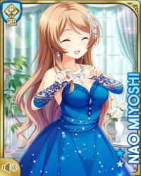 1girl :d blue_dress braid breasts brown_eyes brown_hair card_medium) character_name cleavage closed_eyes day dress earrings girlfriend_(kari) indoors jewelry long_hair miyoshi_nao necklace official_art open_mouth qp:flapper smile solo standing tagme window