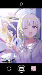3174 3girls ;d animal_hood blue_archive blue_eyes blue_hair blush_stickers drone fake_screenshot halo hand_mirror headband highres holding holding_mirror hood koyuki_(blue_archive) koyuki_(pajamas)_(blue_archive) long_hair mechanical_halo mirror multiple_girls noa_(blue_archive) noa_(pajamas)_(blue_archive) one_eye_closed open_mouth pajamas pink_eyes pink_hair purple_eyes selfie smile sweatdrop v white_hair white_headband white_pajamas yuuka_(blue_archive)