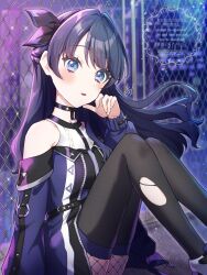 1girl against_fence ampere_(love_live!) bare_shoulders black_hairband black_shirt black_thighhighs blue_eyes blue_hair braid breasts chain-link_fence coat commentary feet_out_of_frame fence fishnet_pantyhose fishnets hair_intakes hairband half_up_braid half_updo highres kyaku_tasu link!_like!_love_live! long_hair long_sleeves looking_at_viewer love_live! medium_breasts murano_sayaka off-shoulder_coat off_shoulder official_alternate_costume on_floor open_clothes open_coat pantyhose parted_lips shirt shoes short_sleeves sitting solo thighhighs torn_clothes torn_thighhighs virtual_youtuber watermark white_shoes