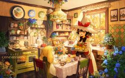 2girls absurdly_detailed_composition absurdres baiguiyu blonde_hair brown_hair chair commission cup dress flower food hair_flower hair_ornament hat highres holding holding_food indoors kitchen loaded_interior long_hair long_sleeves looking_at_another multiple_girls open_mouth original plant potted_plant red_eyes scenery sitting standing stove table tablecloth teapot vase watermark white_hat window witch_hat