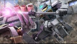 arm_cannon artist_request battle beam_javelin blue_visor building cannon copyright_logo damaged debris dirty duel dust_cloud earth_federation fake_screenshot gm_iii gundam gundam_battle_operation_2 gundam_unicorn gundam_zz juaggu machinery mecha mecha_focus neo_zeon one-eyed radio_antenna realistic robot rocket_launcher ruins science_fiction sunrise_(company) weapon