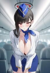 1girl absurdres airplane_interior alternate_costume black_hair black_halo blue_archive blue_ribbon blue_skirt blunt_bangs blurry blurry_background blush breasts character_name choker cleavage commentary commentary_request employee_uniform flight_attendant flight_attendant_hat gamtoryy garrison_cap hair_behind_ear hair_ornament hairclip halo hands_on_own_thighs hat highres jacket large_breasts leaning_forward long_hair looking_at_viewer miniskirt multicolored_halo name_tag pencil_skirt red_eyes ribbon ribbon_choker ringed_eyes rio_(blue_archive) skirt solo sweatdrop travel_attendant two-tone_halo white_jacket