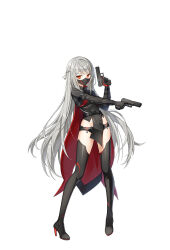 Rule 34 | 1girl, black boots, black gloves, black shirt, black shorts, black thighhighs, boots, braid, cape, closers, crop top, dual wielding, finger on trigger, full body, gloves, grey hair, gun, handgun, high collar, high heel boots, high heels, highres, holding, holding gun, holding weapon, long hair, long sleeves, looking at viewer, mask, micro shorts, midriff, mouth mask, official art, pelvic curtain, red eyes, shirt, shorts, simple background, solo, standing, thigh boots, thighhighs, thighs, tina (closers), very long hair, weapon, white background