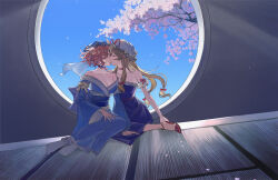 2girls absurdres backlighting blonde_hair blue_kimono blue_sky breasts cherry_blossoms chinese_commentary choker cleavage closed_eyes collarbone commentary french_kiss hair_between_eyes hair_ribbon hat highres japanese_clothes kimono kiss large_breasts long_hair long_sleeves mob_cap multiple_girls petals pink_hair red_shoes ribbon right-over-left_kimono round_window saigyouji_yuyuko shoes short_hair sky socks tatami touhou triangular_headpiece window xianyu_liang yakumo_yukari yuri