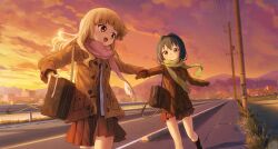 2girls absurdres ap04astral bag black_hairband blue_hair brown_coat brown_eyes brown_mittens building chinese_commentary closed_mouth cloud cloudy_sky coat commentary crack dress duffel_coat fang furutani_himawari grass green_scarf guard_rail hair_intakes hairband highres holding holding_bag holding_hands house light_brown_hair mittens mixed-language_commentary mountain multiple_girls nanamori_school_uniform oomuro_sakurako open_mouth orange_sky outdoors pink_scarf pocket raised_eyebrows red_dress rice_paddy road scarf school_bag school_uniform shirt sky smile twilight utility_pole walking wavy_hair white_shirt yuru_yuri