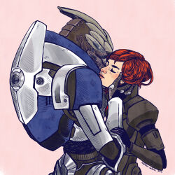 1boy 1girl alien beccablyebonnet caressing_cheek commander_shepard commander_shepard_(female) couple cradling_head garrus_vakarian hug mass_effect_(series) tumblr