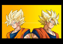 1boy blonde_hair blue_shirt dougi dragon_ball dragon_ball_super dragon_ball_super_broly fenyon gradient_background green_eyes highres looking_at_another medium_hair multiple_views muscular muscular_male orange_shirt shirt simple_background smir son_goku spiked_hair super_saiyan super_saiyan_1 yellow_background