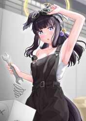 1girl absurdres animal_ears arm_up armpits belt black_hair blue_archive blurry blurry_background blush breasts cleavage collarbone dog_ears dog_tail fingernails gamel_120 goggles hair_ornament halo hibiki_(blue_archive) highres long_hair looking_at_viewer multicolored_nails purple_eyes robot solo squiggle sweat tail wrench