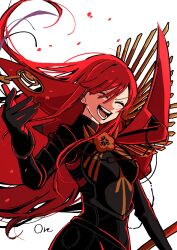 black_bodysuit black_gloves blush bodysuit cape closed_eyes collared_cape crest family_crest fate/grand_order fate_(series) gloves goma1021 hair_over_one_eye happy high_collar highres long_hair oda_nobunaga_(fate) oda_nobunaga_(maou_avenger)_(fate) oda_uri open_mouth red_hair sword_hilt