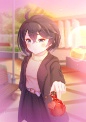 Rule 34 | 1girl, absurdres, ahoge, belt, bench, black skirt, blue eyes, blue hair, blurry, blurry background, blush, brown coat, closed mouth, coat, crossed bangs, gift, gold buckle, hair between eyes, highres, hino kaede, holding, holding gift, incoming gift, open clothes, open coat, outdoors, pleated skirt, princess connect!, sheffy (princess connect!), sheffy (real) (princess connect!), short hair, skirt, sweater, valentine, white belt, yellow sweater
