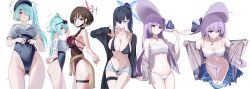 4girls absurdres arius_squad_(blue_archive) ass atsuko_(blue_archive) atsuko_(swimsuit)_(blue_archive) bikini black_bikini black_coat black_hair black_hat black_one-piece_swimsuit blue_archive blue_eyes blue_hair blush breasts brown_eyes brown_jacket newsboy_cap cleavage closed_mouth clothes_around_waist coat collarbone crying crying_with_eyes_open eyewear_on_head frilled_bikini frills gluteal_fold green_eyes green_hair green_halo groin hair_over_one_eye halo hat highleg highleg_swimsuit highres hiyori_(blue_archive) jacket jacket_around_waist jewelry large_breasts long_hair looking_at_viewer misaki_(blue_archive) mooruck4 multicolored_hair multiple_girls multiple_views navel official_alternate_costume one-piece_swimsuit open_clothes open_coat open_mouth pendant ponytail purple_hair purple_halo red_bikini red_halo saori_(blue_archive) school_swimsuit see-through_clothes see-through_jacket see-through_shirt see-through_sleeves shirt short_hair short_shorts short_sleeves shorts side_ponytail simple_background sun_hat sunglasses swimsuit swimsuit_under_clothes tears thigh_strap white_background white_bikini white_hat white_shirt white_shorts zoom_layer