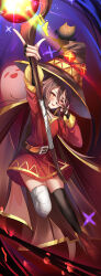Rule 34 | 1girl, absurdres, arm up, asymmetrical legwear, bandaged leg, bandages, belt, black choker, black gloves, black hat, black nails, black thighhighs, boo tao (genshin impact), brown belt, brown hair, cape, choker, chomusuke, cosplay, dress, fang, fingerless gloves, flower-shaped pupils, genshin impact, ghost, gloves, hair between eyes, hat, highres, holding, holding staff, hu tao (genshin impact), kono subarashii sekai ni shukufuku wo!, long sleeves, looking at viewer, megumin, megumin (cosplay), mismatched legwear, open mouth, red dress, red eyes, sidelocks, single thighhigh, skin fang, smile, solo, staff, symbol-shaped pupils, teca (ryeol), thighhighs, w, w over eye, witch hat