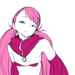 1girl bra bright_pupils closed_mouth commentary cynthia_lane detached_sleeves english_commentary female_focus flat_chest highres long_hair long_sleeves looking_at_viewer monochrome overman_king_gainer pink_theme simple_background solo tocky twintails underwear upper_body white_background white_pupils