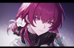 1girl absurdres bead_necklace beads black_gloves bracelet earrings flower gloves hair_flower hair_ornament highres honkai:_star_rail honkai_(series) jewelry kafka_(honkai:_star_rail) looking_at_viewer necklace portrait purple_eyes purple_hair shali simple_background smile solo