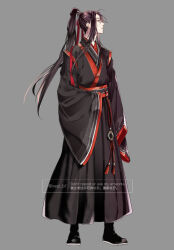 Rule 34 | 1boy, ahoge, bishounen, black boots, black eyes, black hair, black hanfu, boots, chinese clothes, full body, grey background, hair ornament, hair ribbon, hanfu, jade (gemstone), long hair, looking to the side, male focus, modao zushi, ponytail, profile, red ribbon, red sash, red trim, ribbon, ribboned xiao guan, robe, sash, sidelocks, simple background, sleeves past fingers, sleeves past wrists, solo, standing, tassel, tassel hair ornament, twitter username, watermark, wei wuxian, wide sleeves, xiao guan (headdress), yaopei, ykmr (haga)
