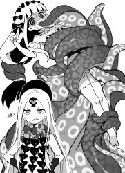 2girls abigail_williams_(fate) abigail_williams_(third_ascension)_(fate) bare_shoulders bdsm black_bow black_dress black_hair black_headwear blush bondage bound bow braid breasts collar colored_inner_hair colored_skin corruption dark_persona detached_collar detached_sleeves dress eldritch_abomination fate/grand_order fate/strange_fake fate_(series) forehead francesca_prelati_(fate) frilled_collar frills hair_bow hands_on_own_hips hat highres keyhole long_hair medium_breasts multicolored_hair multicolored_skin multiple_girls multiple_hair_bows parted_bangs polka_dot polka_dot_bow possessed possession restrained revealing_clothes ringed_eyes sharp_teeth showgirl_skirt small_breasts striped_clothes striped_dress suction_cups teeth tentacles thighhighs third_eye translation_request two-tone_dress vertical-striped_clothes vertical-striped_dress very_long_hair wen_zhi_(717256) white_dress white_hair white_thighhighs yog-sothoth