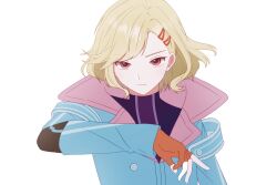 Rule 34 | 1other, antenna hair, aqua coat, blonde hair, coat, ganbin, gnosia, hair between eyes, hair ornament, hairclip, other focus, red eyes, setsu (gnosia), short hair, simple background, solo, turtleneck, upper body