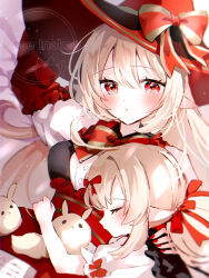2girls absurdres alice_(genshin_impact) bed_sheet blonde_hair blush bow bowtie closed_eyes commentary_request dodoco_(genshin_impact) fingernails genshin_impact hair_between_eyes hand_on_another&#039;s_shoulder hat hat_bow highres kise_inaka klee_(genshin_impact) long_hair looking_at_viewer lying mother_and_daughter multiple_girls nail_polish on_back parted_lips pointy_ears red_bow red_bowtie red_eyes red_hat red_nails shirt very_long_hair watermark white_shirt witch_hat