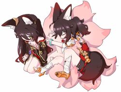 2girls animal_ear_fluff animal_ears bare_shoulders blush bracelet brown_hair brown_kimono chibi chibi_only closed_eyes commentary dual_persona fox_ears fox_girl fox_tail from_above fugue_(honkai:_star_rail) full_body green_eyes hair_between_eyes hand_up hashtag-only_commentary high_heel_sandals high_heels highres honkai:_star_rail honkai_(series) hugging_another&#039;s_tail hugging_tail ilo_qll japanese_clothes jewelry kimono long_hair long_sleeves lying lying_on_tail multiple_girls multiple_tails nail_polish no_pupils off_shoulder on_side open_mouth orange_sandals pink_tail ponytail red_nails sandals seiza simple_background sitting tail tingyun_(harmony)_(honkai:_star_rail) tingyun_(honkai:_star_rail) very_long_hair white_background wide_sleeves
