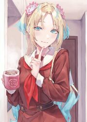 1girl blonde_hair blue_eyes blue_hair breasts brown_dress closed_mouth coffee_mug commentary cup door dress flower gradient_hair hair_flower hair_ornament hasu_no_sora_school_uniform highres holding holding_cup hot_chocolate index_finger_raised indoors link!_like!_love_live! long_sleeves looking_at_viewer love_live! medium_breasts mug multicolored_hair neckerchief osawa_rurino pink_flower red_neckerchief saidamoosu sailor_collar sailor_dress school_uniform smile solo steam twintails upper_body virtual_youtuber white_sailor_collar