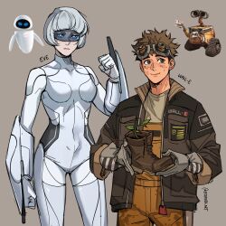 1boy 1girl absurdres blue_eyes boots brown_coat brown_eyes brown_hair brown_overalls character_name closed_mouth coat commentary dirty dirty_face english_commentary etceteraart eve_(wall-e) goggles goggles_on_head grey_background grey_hair highres holding holding_boots holding_footwear holding_unworn_clothes overalls personification reference_inset short_hair sprout sweat unworn_boots wall-e wall-e_(character)