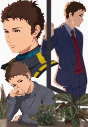 1boy arm_on_table blue_jacket blue_pants blue_suit blurry blurry_foreground brown_eyes brown_hair closed_mouth collared_shirt covering_own_mouth cropped_shoulders elbow_rest enelous formal_clothes grey_sweater gundam gundam_hathaway&#039;s_flash hand_over_own_mouth hathaway_noa highres jacket long_sleeves looking_to_the_side male_focus multiple_views necktie pants plant potted_plant red_necktie red_sweater shirt short_hair standing suit suit_jacket sweater table v-neck very_short_hair white_background white_shirt wooden_table