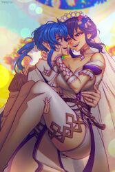 1boy 1girl absurdres black_hair blue_hair blush breasts bridal_veil bride carrying choker cleavage commission commissioner_upload couple danderfull dress earrings eye_contact face-to-face fire_emblem fire_emblem:_genealogy_of_the_holy_war fire_emblem_heroes formal_clothes groom hair_tie hand_on_another&#039;s_cheek hand_on_another&#039;s_face hetero highres husband_and_wife jewelry larcei_(bride_of_astra)_(fire_emblem) larcei_(fire_emblem) long_hair looking_at_another nintendo open_mouth pelvic_curtain ponytail princess_carry ring seliph_(fire_emblem) seliph_(light&#039;s_legacy)_(fire_emblem) short_hair sidelocks smile strapless strapless_dress suit thighhighs tiara vambraces veil wedding wedding_dress wedding_ring white_dress white_suit
