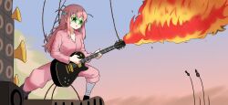1girl :o amogan bocchi_the_rock! commentary english_commentary fire flamethrower gotoh_hitori gradient_sky green-framed_eyewear guitar highres holding holding_guitar holding_instrument instrument long_hair mad_max mad_max:_fury_road music pajamas parody parted_lips pink_hair pink_pajamas playing_instrument scene_reference sky solo star-shaped_eyewear star_(symbol) sunglasses weapon