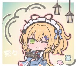 1girl ;3 apron blonde_hair blue_kimono chibi chibi_only commentary futaba_(anti_clockwise) green_eyes hair_ornament hairclip holding holding_menu japanese_clothes kimono long_sleeves looking_at_viewer mahjong_soul maid_apron maid_headdress menu one_eye_closed shiraishi_nana solo symbol-only_commentary wide_sleeves
