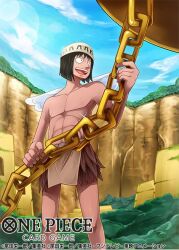 1boy abs belt black_hair blue_sky blunt_bangs bob_cut commentary_request copyright_name cowboy_shot glint hat holding male_focus official_art one_piece one_piece_card_game open_mouth seto_(one_piece) shinra0609 skirt sky solo teeth upper_teeth_only white_wings wings