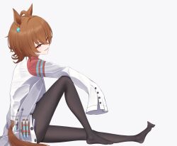1girl agnes_tachyon_(umamusume) ahoge animal_ears arm_on_knee black_thighhighs brown_hair chemical_structure earrings feet highres horse_ears horse_girl horse_tail jewelry lab_coat looking_at_viewer medium_hair open_mouth pantyhose red_eyes single_earring sitting sleeves_past_fingers sleeves_past_wrists solo squinting sweater tail test_tube thighhighs thighs umamusume white_background wolf_cut yellow_sweater yuzuki3280