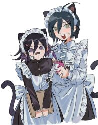 2boys ahoge alternate_costume animal_ears apron bandaid bandaid_on_face bandaid_on_nose beluckylucky black_dress black_hair blush buttons cat_boy cat_ears cat_tail commentary_request crossdressing danganronpa_(series) danganronpa_v3:_killing_harmony dress enmaided eyelashes flipped_hair frilled_apron frills hair_between_eyes hair_ornament height_difference highres holding holding_tray long_sleeves looking_at_viewer maid maid_apron maid_headdress male_focus male_maid medium_hair multiple_boys oma_kokichi open_mouth purple_eyes purple_hair ringed_eyes saihara_shuichi short_hair smile tail trap tray upper_body white_apron white_background
