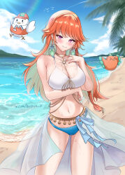 1girl arm_under_breasts beach bestrix bikini blue_bikini blue_sky breasts cleavage cloud colored_inner_hair commentary cowboy_shot day feathers gradient_hair green_feathers green_hair grin hand_up highres hololive hololive_english holonatsu_paradise kfp_employee_(takanashi_kiara) kotori_(takanashi_kiara) large_breasts long_hair looking_at_viewer mismatched_bikini multicolored_hair navel ocean official_alternate_costume orange_hair outdoors palm_tree purple_eyes sarong see-through_clothes see-through_sarong sky smile solo swept_bangs swimsuit takanashi_kiara takanashi_kiara_(holonatsu_paradise) tree virtual_youtuber wet white_bikini