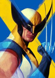 1boy artist_name bare_shoulders blue_background blue_bodysuit blue_gloves bodysuit claw_(weapon) closed_mouth commentary covered_collarbone english_commentary facial_hair from_side gloves hand_up helmet highres lips looking_at_viewer male_focus marvel muscular muscular_male solo superhero_costume two-tone_background two-tone_bodysuit upper_body uzuri_art weapon wolverine_(x-men) x-men x-men:_the_animated_series yellow_background yellow_bodysuit