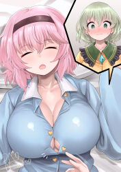 2girls black_hairband blue_shirt blush breasts button_gap closed_eyes commentary_request commission green_eyes green_hair hairband heart highres komeiji_koishi komeiji_satori large_breasts multiple_girls pink_hair ras_(ras33635191) shirt short_hair siblings signature sisters skeb_commission sleeping speech_bubble sweat touhou undressing_another variant_set
