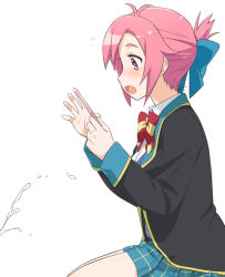 10s 1girl ahoge amatsuka_megumi_(gj-bu) blush bow cellphone female_focus flying_sweatdrops folded_ponytail from_side gj-bu hair_bow holding long_sleeves open_mouth phone pink_eyes pink_hair plaid_clothes plaid_skirt pleated_skirt ponytail profile school_uniform short_hair short_ponytail simple_background skirt smartphone solo squirting_liquid suggestive_fluid surprised sweatdrop white_background youkan