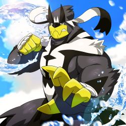 black_eyes blurry bright_pupils clenched_hand cloud commentary_request day gen_8_pokemon legendary_pokemon looking_at_viewer nintendo outdoors parted_lips pokemon pokemon_(creature) rossciaco sky solo sparkle teeth urshifu urshifu_(rapid) water water_drop white_pupils