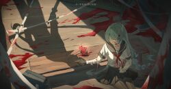 Rule 34 | 1boy, 1girl, alternate costume, artist name, bag, bandage over one eye, bandaged arm, bandages, black gloves, black pantyhose, black sailor collar, black skirt, blood, blood on clothes, blood on face, commentary, english commentary, flower, gloves, grey hair, highres, indoors, kutu, long hair, male rover (wuthering waves), pantyhose, phrolova (wuthering waves), rover (wuthering waves), sailor collar, school bag, school uniform, serafuku, shirt, single glove, sitting, skirt, solo focus, spider lily, white shirt, wuthering waves