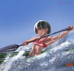 1girl abs absurdres armpits artist_name bare_shoulders bikini blue_sky blush boat breasts brown_eyes clear_sky commentary dark-skinned_female dark_skin dragon_boat dragon_boat_festival english_commentary eyelashes gradient_sky green_hair highres hip_bones holding holding_oar looking_afar looking_ahead midriff muscular muscular_female navel oar on_boat on_vehicle original outdoors parted_lips pictsel red_bikini river rowing short_hair signature sky small_breasts smile smirk solo splashing sweatdrop swimsuit tomboy twitter_username very_short_hair water watercraft