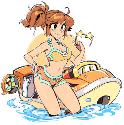 1girl almightychiru bikini blue_eyes breasts brown_hair dolphin_shorts earrings flower_earrings jet_ski jewelry looking_at_viewer mario_(series) mario_kart mario_kart_world midriff navel nintendo official_alternate_costume orange_shorts orange_sports_bra princess_daisy princess_daisy_(swimwear)_(mario_kart_world) shorts smile solo sports_bra sunglasses swimsuit water watercraft yellow_shorts yellow_sports_bra