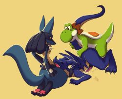 3boys anal creatures_(company) crossover cum cum_in_ass cum_in_mouth dragon ejaculating_while_penetrated ejaculation furry furry_male game_freak gen_3_pokemon gen_4_pokemon group_sex horns kecleon lucario male_focus male_penetrated mario_(series) mmm_threesome multiple_boys nintendo oral penis pokemon pokemon_(creature) purple_kecleon sex super_mario_bros._1 threesome yaoi yoshi
