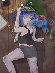 1girl :t accidental_exposure alternate_costume ass bananannu bandaid bandaid_on_cheek bandaid_on_face black_tank_top blue_eyes blue_hair blush closed_mouth cup dirty flat_chest frown goggles goggles_on_head green_hat grey_shorts hair_bobbles hair_ornament hat highres jewelry kawashiro_nitori key key_necklace looking_at_viewer looking_back medium_hair necklace newsboy_cap nipples no_bra on_floor pencil short_shorts shorts solo tank_top touhou two_side_up v-shaped_eyebrows yunomi